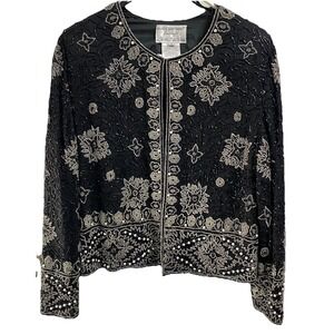 VTG Adrianna Papell Beaded Sequin Black&White Embellished Blazer Dress Jacket L